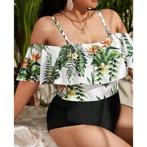PatPat Tropical One Piece Ruffle Sleeve Swimsuit White & Black Size XL